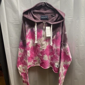 NWT!! CALVIN KLEIN TIE DYE PINK BEIGE CROP BOHO HOODIE SWEATSHIRT TOP Size Large - Picture 1 of 7
