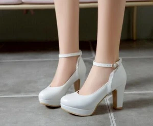 Para mujeres Encaje Plataforma Tacón Grueso Zapatos Hebilla Tacón Alto Punta Redonda Lindo Fiesta - Imagen 1 de 14
