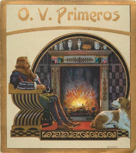 Zigarrenbox Etikett außen o.V. Primeros Mann sitzt am Kamin mit Hund - Bild 1 von 2