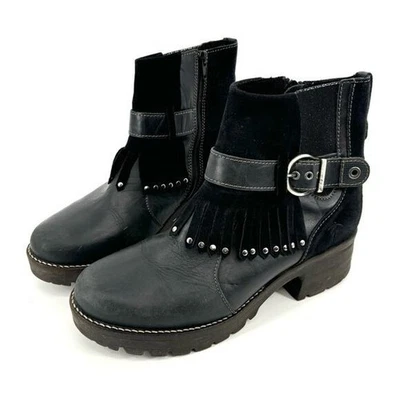 Dromedaris Krissy Boots Size 10 Black Suede Fringe Buckle Stud Round Toe - Image 1 of 4