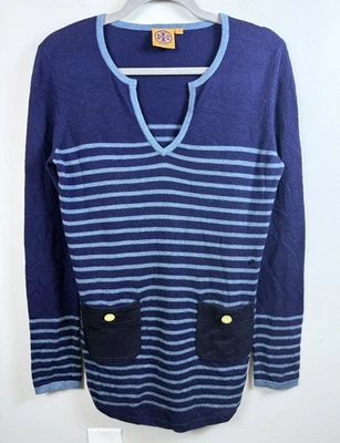 Suéter túnica Tory Burch feminino S lã cashmere azul verde listras bolsos gola VN - Imagem 1 de 4