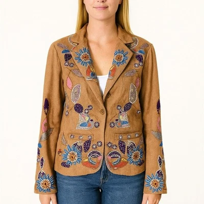 PINKO цветочный искусства носить вышитый 2 кнопки blazer желтовато-коричневый льняной шелк размер 44 - Изображение 1 из 4