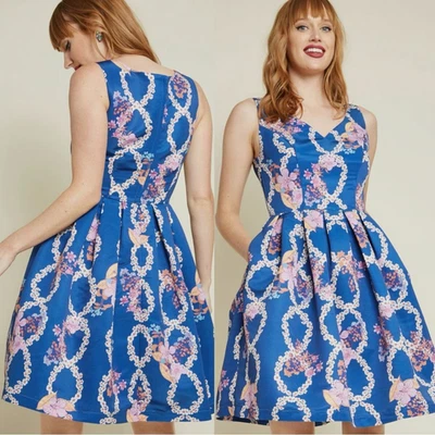 ModCloth Beautiful You Fit & Flare Dress XL Cobalt Blue Floral Helix Formal - Image 1 of 4