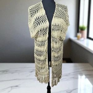 Say What Women Crochet Short Sleeve Top NWT Natural Large Boho Coverup Fringe - Picture 1 of 5
