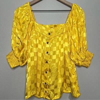 NEW Jen's Pirate Booty Top XS Yellow Checkered Square Neck Satin Feminine Legacy - Image 1 of 4