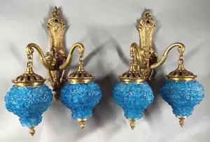 Sconces Vintage Louis XVI Gold Bronze Wall Lights w/ Blue Crystal Shades - Picture 1 of 11