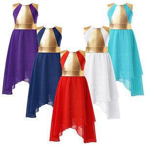 Kids Girls Gymnastice Round Neckline Dress Full Length Dance Bronzing Costume