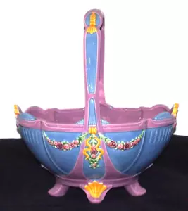 Cesta floral rara grande antigua mayólica checoslovaca pintada a mano de 12" de alto - Imagen 1 de 7