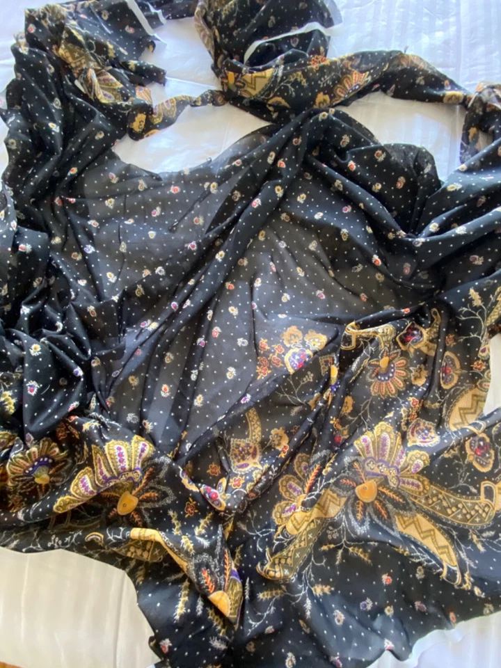Vintage 1980s  Black Flower Mod paisley Fabric  Remnant thin semi sheer knit - Image 1 of 4