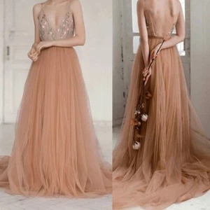 Copper Tulle Wedding Dresses with Open Back Champagne A Line Tulle Bridal Gowns - Picture 1 of 16
