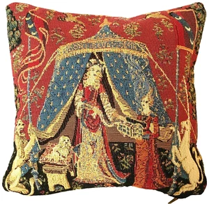 LADY & UNICORN A MON SEUL DESIR RED 9" 23CM COTTON TAPESTRY CUSHION COVER + ZIP - Picture 1 of 5