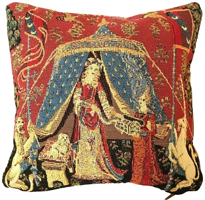 LADY & UNICORN A MON SEUL DESIR RED 9" 23CM COTTON TAPESTRY CUSHION COVER + ZIP - Image 1 of 4