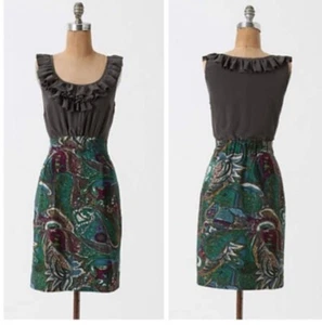 Abito Anthropologie Maeve Seaside Fields grigio seta multicolore twill con volant 4 - Foto 1 di 7