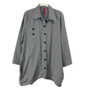 IC by Connie K button up plaid tunic top Size L white black boho lagenlook - Picture 1 of 6