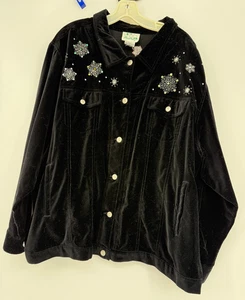 Quacker Factory Black Velvet Snowman Jacket Button Up Long Sleeve Plus 3X - Picture 1 of 9