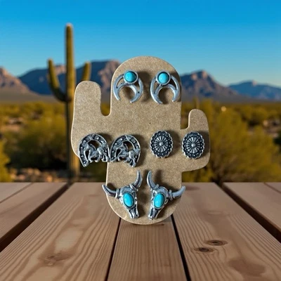 Bohemain Turquoise and Silver Western Flair Bull Skull Earrings Set - Image 1 of 4