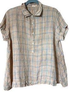 CP SHADES Yarn Dyed Linen Blouse Women’s M Tan Baby Blue Plaid NWD 2 Shades Dye - Picture 1 of 20