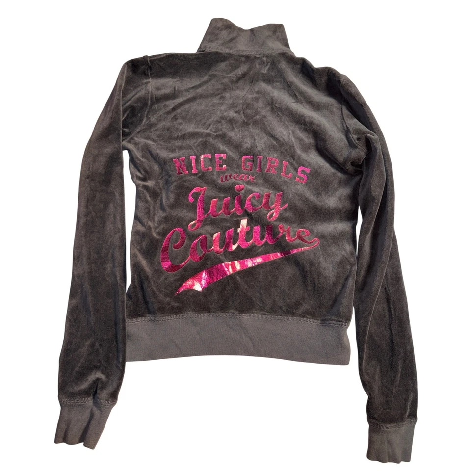 Linda chaqueta deportiva Juicy Couture de terciopelo Y2K gris rosa logotipo brillante para mujer pequeña Foto 1 de 4