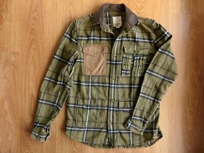 Diesel Men Olive Green Check Flannel Utility Shirt Jacket with Leather Collar, S - Image 1 of 4