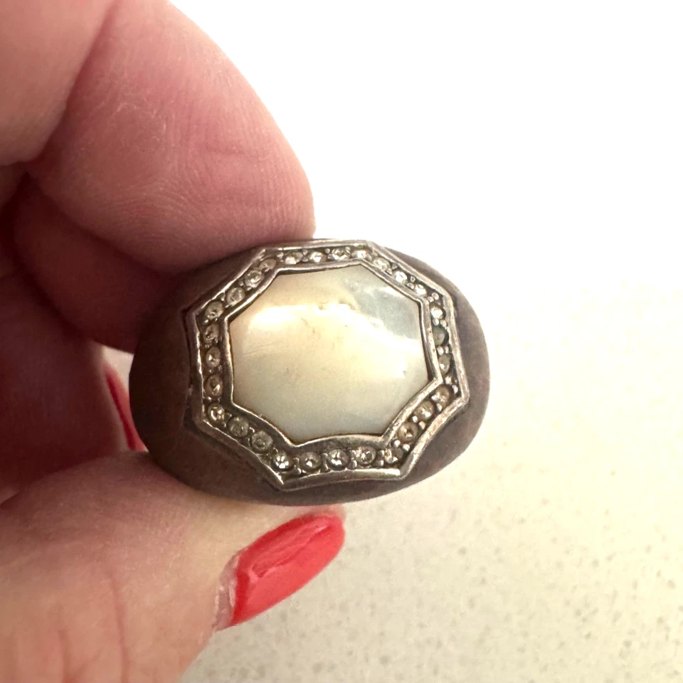 Y2K 戒指 罕见 木材和珍珠母戒指 带水钻 Chunky 波西米亚 — 第 1/4 张图片