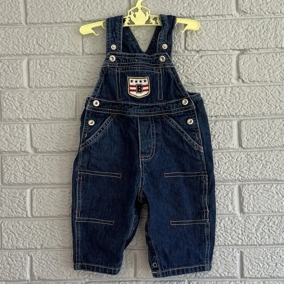 Vintage Faded Glory Baby Denim Overalls Featuring B and Hockey Patches 6M - Image 1 of 4