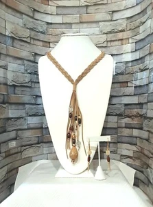 Chico's Awesome Necklace Earrings Braided Leather, Wood Gold Silver Beads Ma5 - Picture 1 of 13