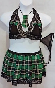 Sassy School Uniform lace halter bra top with plaid bow accents; G-string (2XL) - Picture 1 of 2