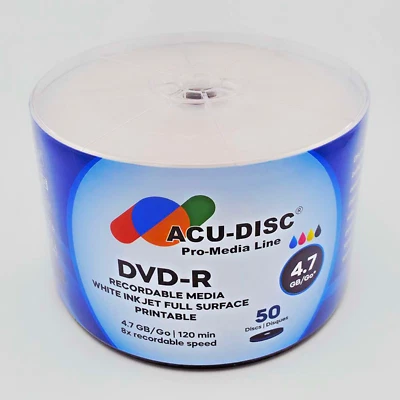 100 x ACU-DISC DVD-R 8x Speed 4.7GB White Full Face Inkjet Printable 120 Mins