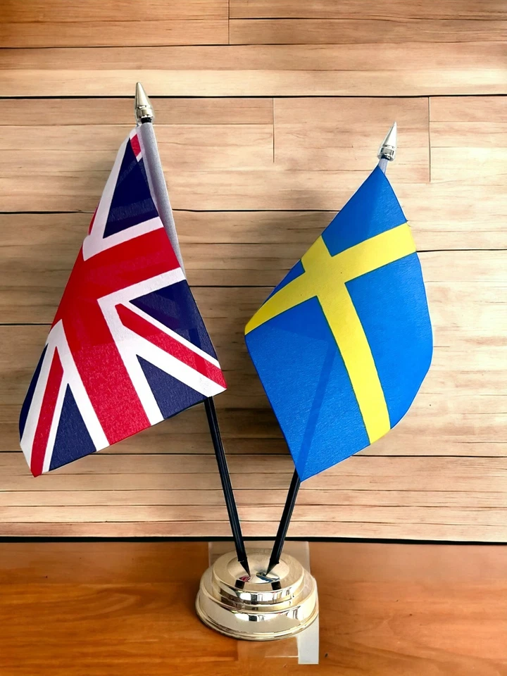 UNION JACK and SWEDEN TABLE FLAG SET 2 flags plus BASE 26cm tall - Image 1 of 1