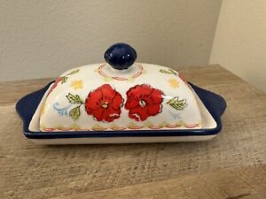 Dutch Wax Covered Ceramic Butter Dish Red Flowers Cobalt Blue Kitchen 
