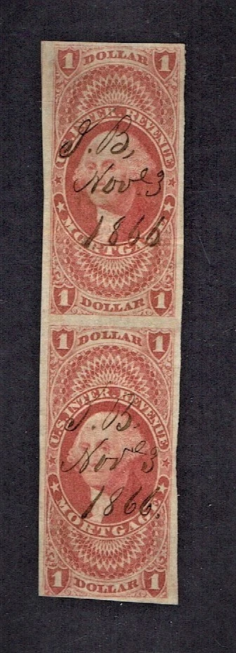 1862-71 Revenue 1st Issue Washington $1 MORTGAGE PAIR IMPERF Sc#R73a SCARCE PAIR - Image 1 of 1