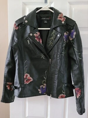 COLLEEN LOPEZ Floral Embroidered Studded Faux Leather Moto Jacket Size SMALL - Image 1 of 4