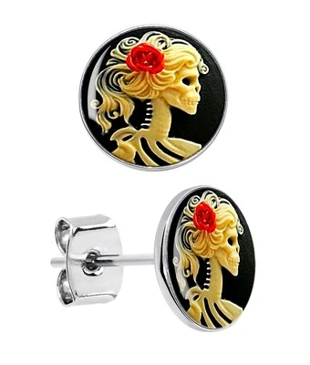 Aretes camafeo esqueleto flor rosa roja Foto 1 de 4