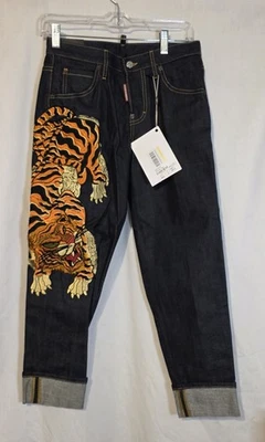 Jeans de mezclilla azul oscuro Tiger Run Dan bordados DSQUARED2 talla 34 nuevos con etiquetas Foto 1 de 4