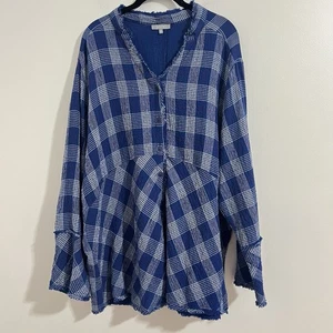Habitat Plaid Gauzy Button Up Blouse Size XL Blue Flowy Bohemian Cottage Top - Picture 1 of 8