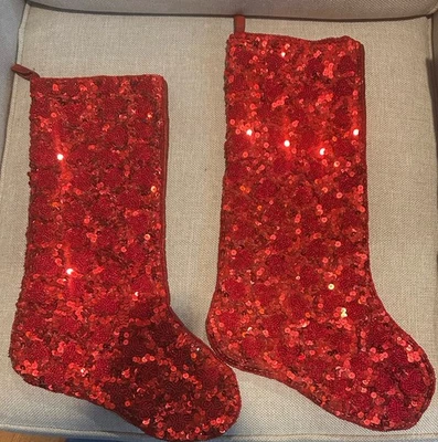 "2 Medias de Navidad Kim Seybert Lentejuelas Rojas Fuertes Cuentas 18"" Nuevas" Foto 1 de 4