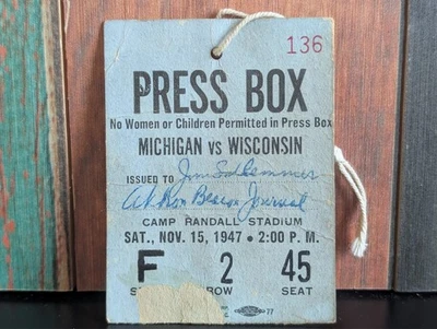 Boleto de caja de prensa 1947 Michigan National Champions vs Wisconsin 15/11/47 (fL) Foto 1 de 4