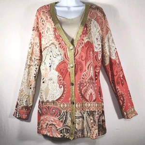NWT Chicos Sweater Salmon Pink Paisley Gold Metallic Trim Sz 2 w/ Preowned Tank - Picture 1 of 22