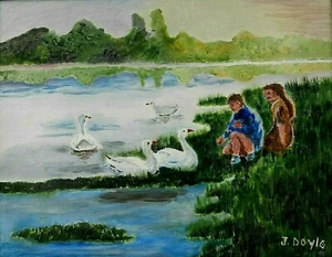 M. JANE DOYLE SIGNED ORIGINAL ART OIL/CANVAS PAINTING "FEEDING THE SWANS" FRAMED - Picture 1 of 6