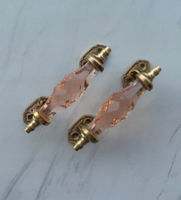 Decoração de armário vintage vitoriana feita à mão vidro pêssego rosa e maçaneta de latão 2 peças - Imagem 1 de 4