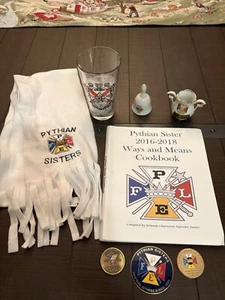 PYTHIAN SISTER SISTERS MEMORABILIA COLLECTION SCARF GLASS COINS BELL ETC - Picture 1 of 9