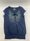 Mudd Shirt Women's Size S Navy Blue V-neck Blouse Embroidered Flowers Cap Sleeve