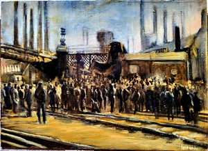 STUNNING PAINTING 1930s-50s signed illsible urban scene workers station factory - Picture 1 of 5