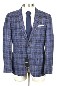Boss Sport Coat 38 R Men's Blue Plaid Wool Linen Cotton Slim Fit Hutson-233 NWT - Picture 1 of 13