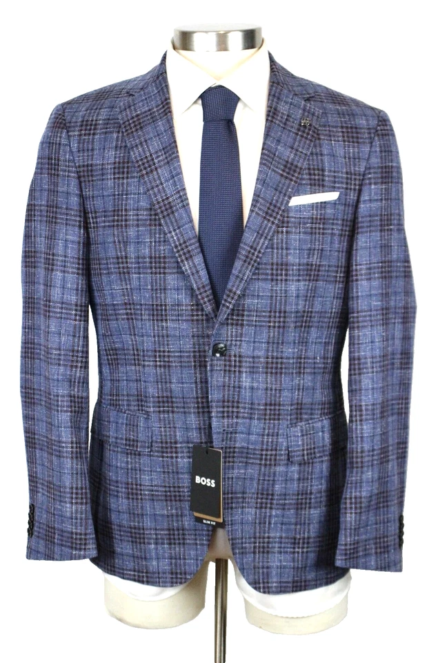 Hugo Boss Sport Coat 38 R Mens Blue Plaid Wool Linen Cotton Slim Fit Hutson New - Image 1 of 4