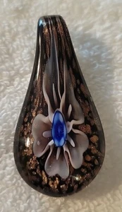 Artisan Hand Blown Glass Flower Pendant Slide Murano Style Gold Inlay 2 Inches - Picture 1 of 7