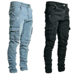 Men Ripped Jeans Skinny Trousers Casual Stretch Denim Jegging Jogger Pants - Picture 1 of 5
