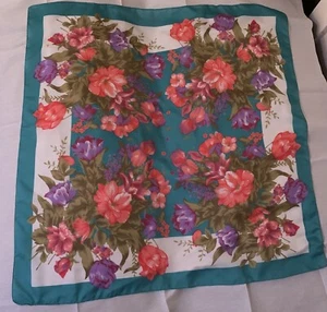 Vintage Turquoise and Orange Made in Italy 30" x 30" Polyester Floral Scarf - Picture 1 of 4
