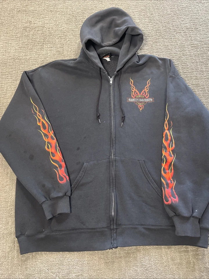 Harley Davidson Vtg ‘98 Flame Sleeve Hoodie Mens Large Cape Cod Black L-XL - Image 1 of 4
