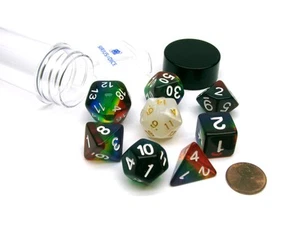 Tubo de 7 dados poliédricos RPG Sirio con bonificación D20 - resina translúcida arco iris - Imagen 1 de 3